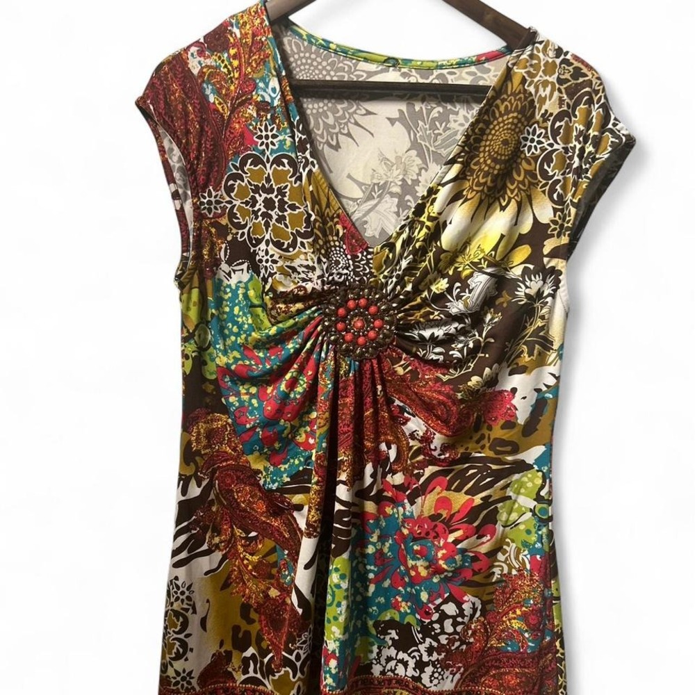 Multicolored Y2K floral print V-neck tunic/dress with rhinestone Mcbling SIZE‎ L